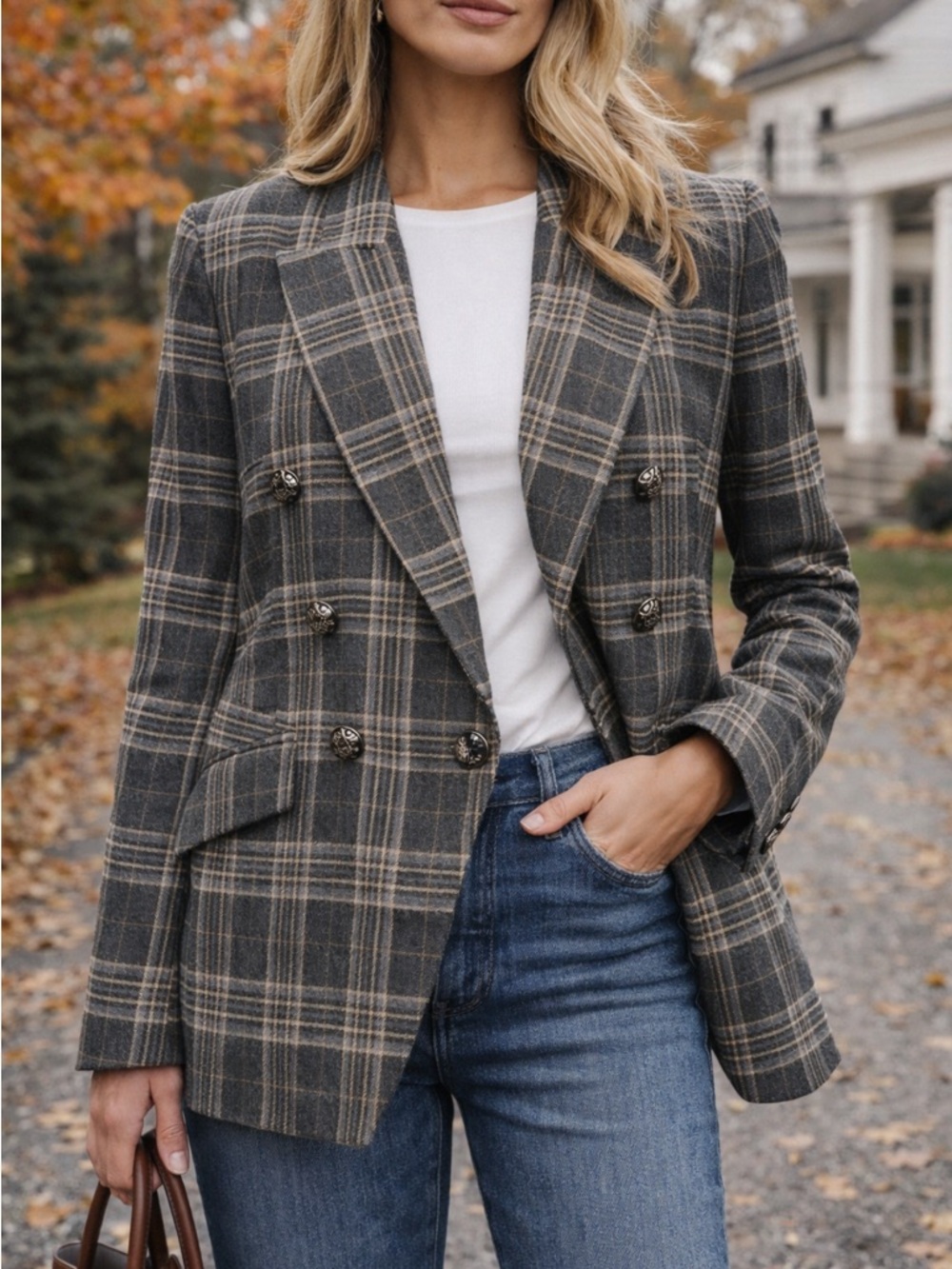 Banana Republic Plaid Blazer Size 14 Double Breasted Wool Blend Equestrian